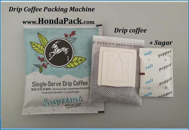 Drip coffee packaging machine with sugar creamer bag