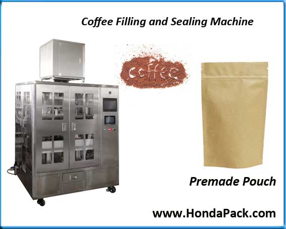Automatic coffee filling and sealing machine for premade pouch packaging with zipper